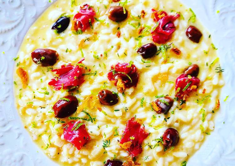 Risotto bresaola, olive taggiasche e pecorino di Pienza