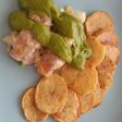 Spárga, sonkába baconbe göngyölve, zöldborsó pürével