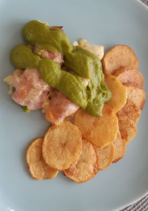 Spárga, sonkába baconbe göngyölve, zöldborsó pürével recept fotója
