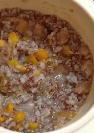 Foto resep Bubur daging beras merah steam cooker