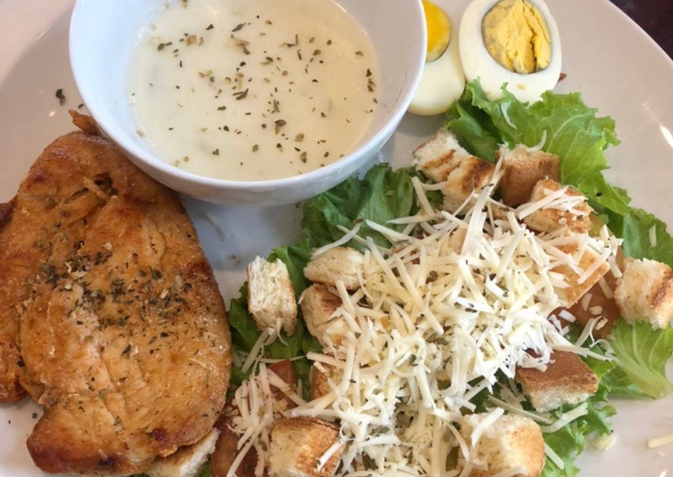 Healthy Diet Food: Caesar Salad + Air Fried Chicken + Mushroom Sauce
