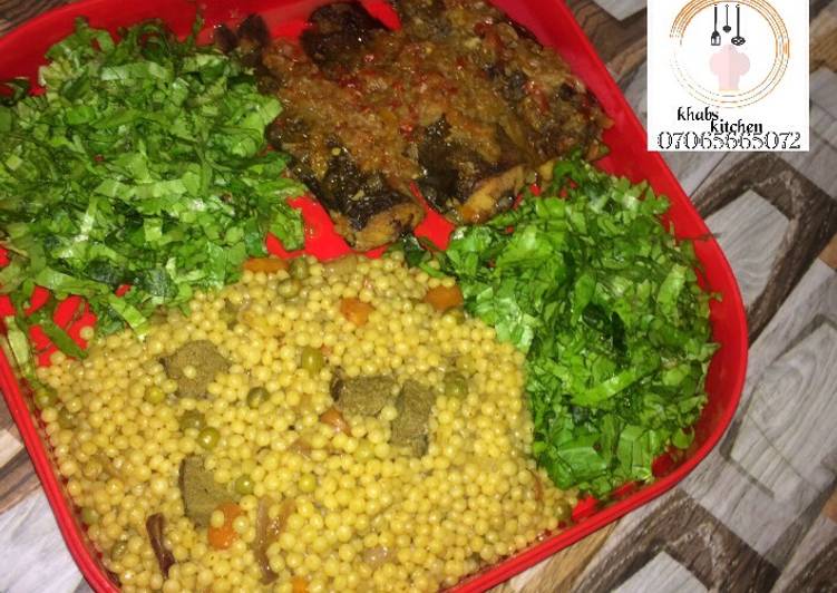 Step-by-Step Guide to Prepare Jamie Oliver Hamsa/ma hamsa/sim/pasta jallof with pepper fish and salad recipe by khabs kitchen