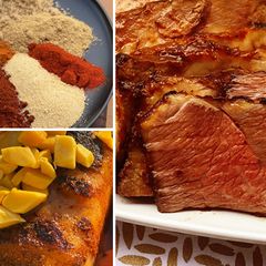 A picture of Sweet and Spicy Wagyu Beef Brisket with Peach-Mango Glaze.