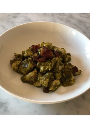 A picture of Chicken Bites with Pesto and Crispy Speck.