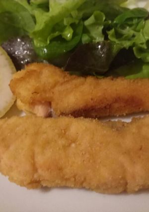 A picture of Pan fried breaded salmon.
