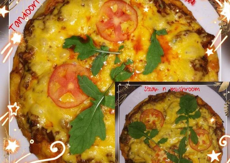Tandoori chicken pizza πand steak and mushroom pizza π
