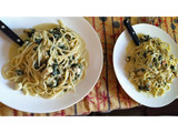 Pasta con verduras y pollo a la crema