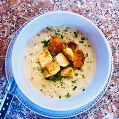 Cream of mushroom, potato and ham soup with crunchy garlic croutons A picture of Cream of mushroom, potato and ham soup with crunchy garlic croutons.