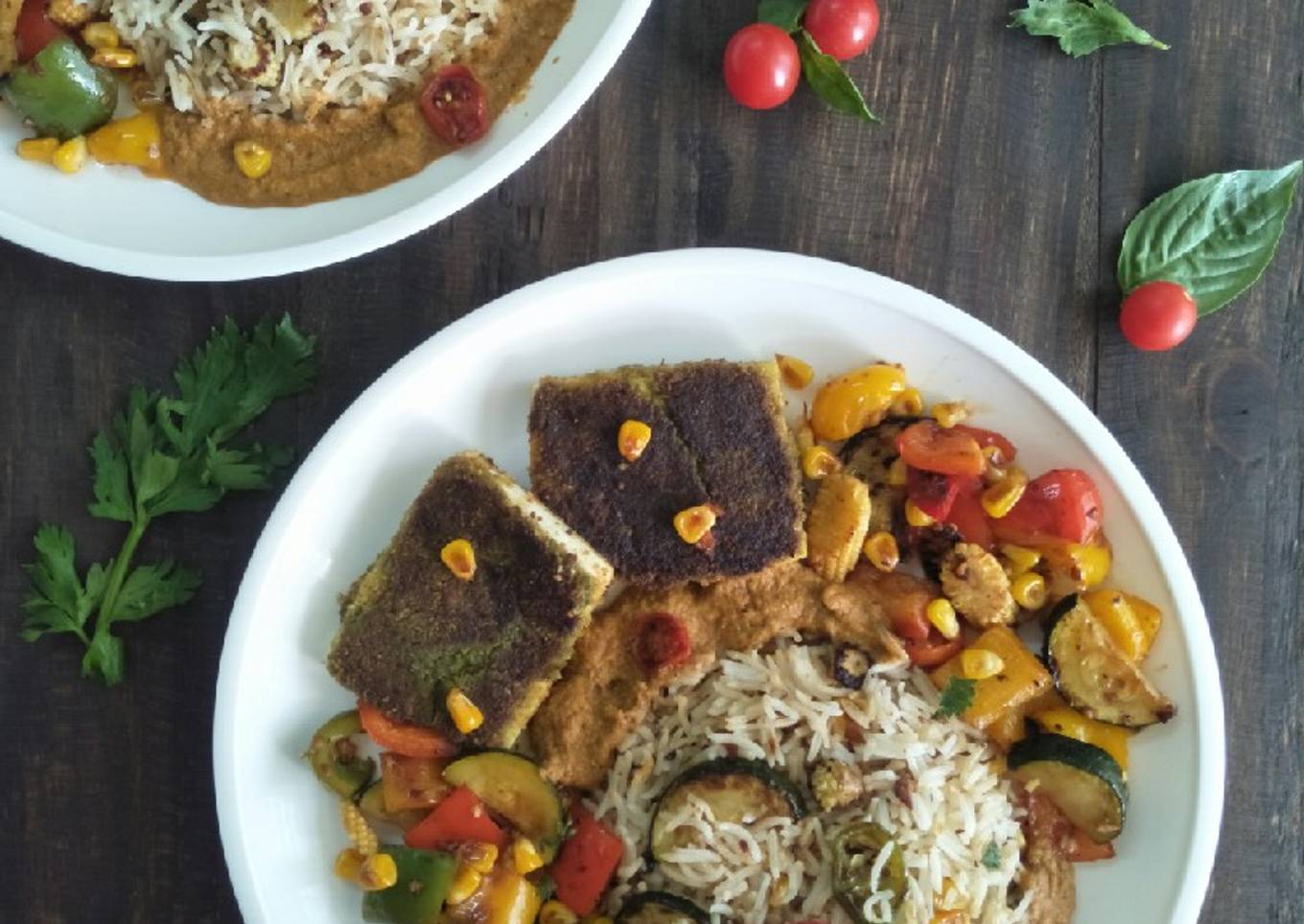 Paneer Steak With Burnt Garlic Herbed Rice