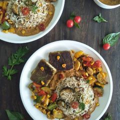 Paneer Steak With Burnt Garlic Herbed Rice A picture of Paneer Steak With Burnt Garlic Herbed Rice.