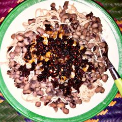 A picture of Spag with beans and black sauce.