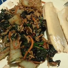 A picture of Stir fry Swiss chard with trout.