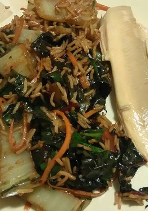 A picture of Stir fry Swiss chard with trout.