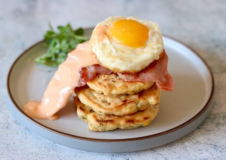 Simple Way to Cook Delicious Corn cake with bacon and sriracha mayo sunny side up