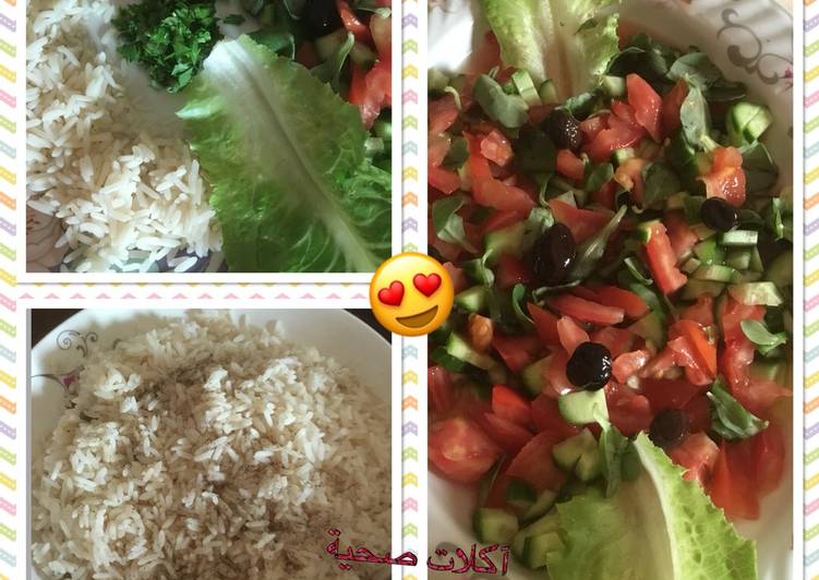 سمك مشوي ورز وسلطة صحي ولذيذة 😻😻😍😍 ومتكاملة
