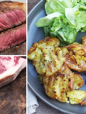 Simple Way Prepare Recipe Seared Wagyu Strip Steak with Truffled Smashed Potatoes that is Delicious, Delicious}