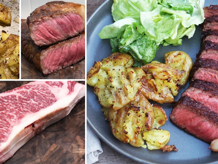 Simple Way Prepare Recipe Seared Wagyu Strip Steak with Truffled Smashed Potatoes that is Delicious, Delicious}