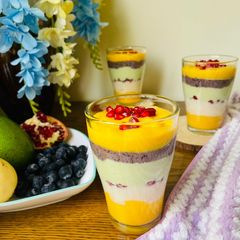 A picture of Layered Mango & Blueberry Milkshake.