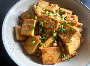 A picture of Fried Tofu & Soy Beans with Sweet Miso Sauce.