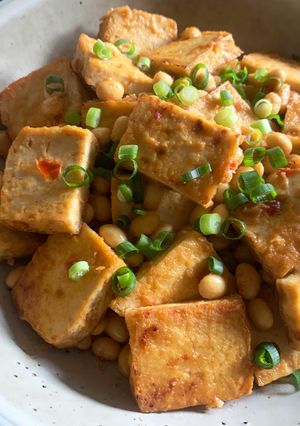 A picture of Fried Tofu & Soy Beans with Sweet Miso Sauce.