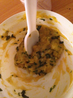 A picture of Baby's mashed potatoes, butternut with spinach.