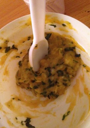 A picture of Baby's mashed potatoes, butternut with spinach.