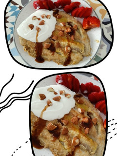 Una foto de Pancakes con plátano caramelizado en el interior