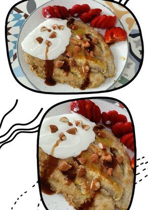Una foto de Pancakes con plátano caramelizado en el interior