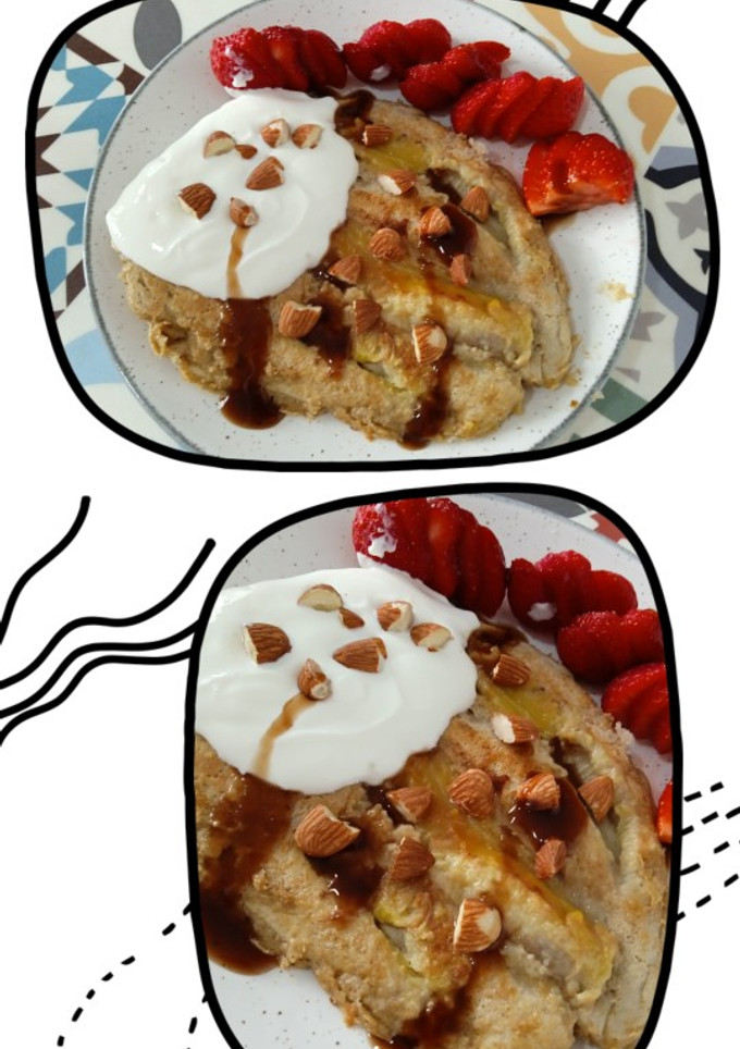 Una foto de Pancakes con plátano caramelizado en el interior