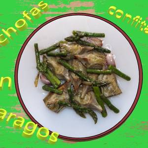 Alcachofas confitadas con espárragos