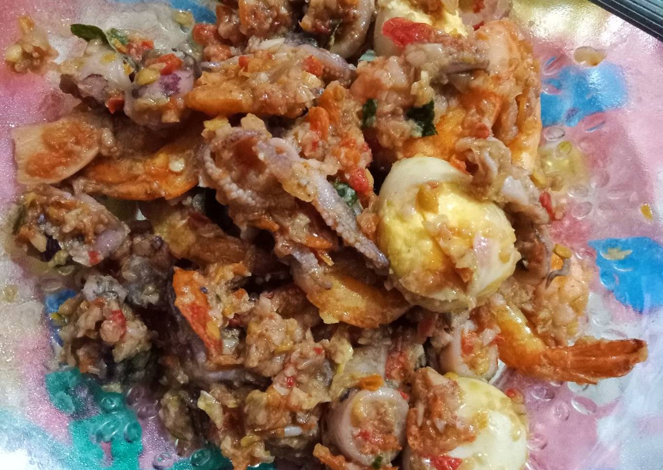 2. Udang Cumi Telur Puyuh Masak Pedas