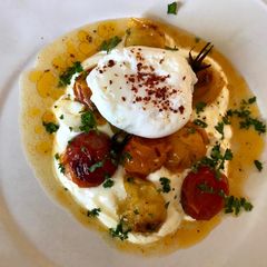 A picture of Hot charred cherry tomatoes with cold yoghurt and poached egg.