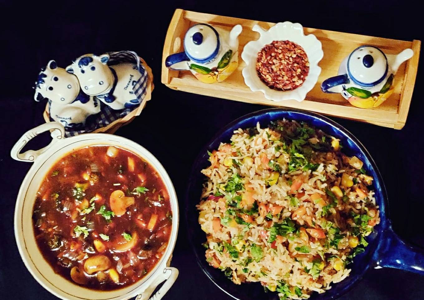 Burnt garlic fried rice & stir fried veggies in hot garlic sauce