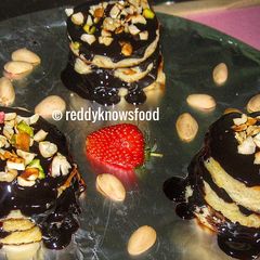 A picture of Instant Eggless Chocolate Ganache Pancakes.