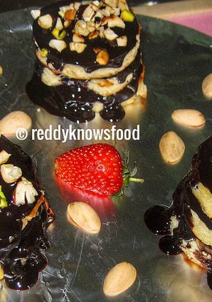 A picture of Instant Eggless Chocolate Ganache Pancakes.