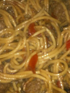 A picture of Soy Spaghetti Meatballs,& Peppers.