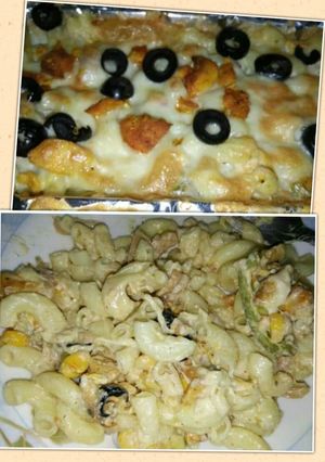 A picture of Chicken olives baked pasta.