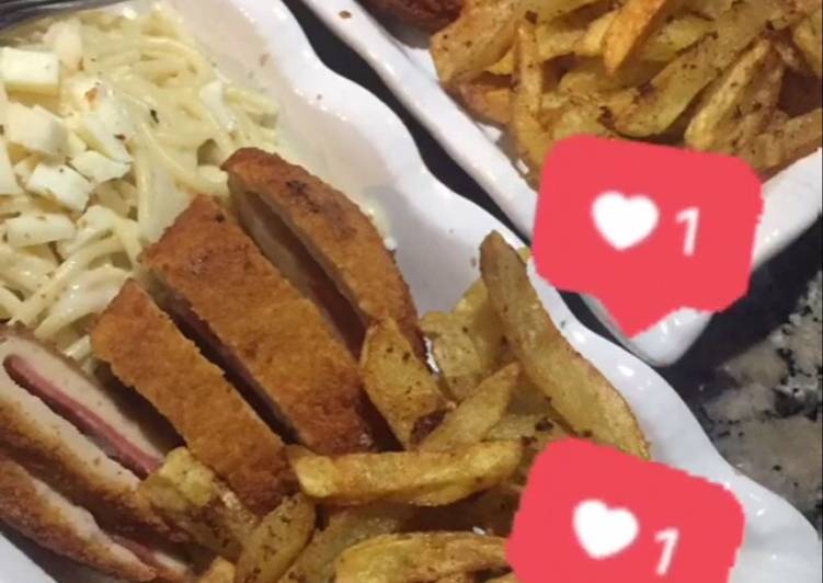 كوردون مع بطاطا مقلية ومعكرونة 🍱