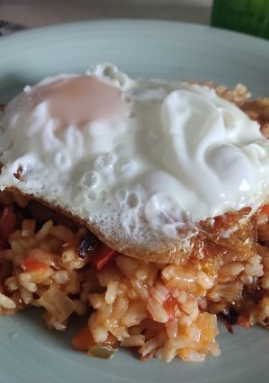A picture of Rice with Vegetables and Fried Egg.