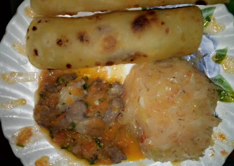 Carrot chapatis,steamed cabbage plus beef stew