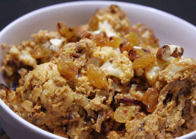 Veg:Baked Cauliflower and Golden Raisins with Almond-Yogurt Sauce