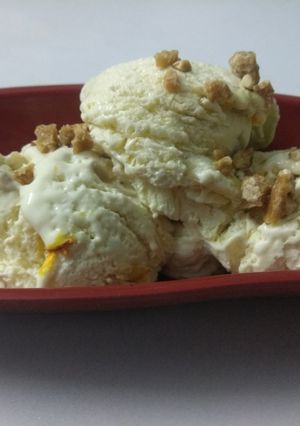 A picture of Raj bhog icecream with butter scotch crunches.