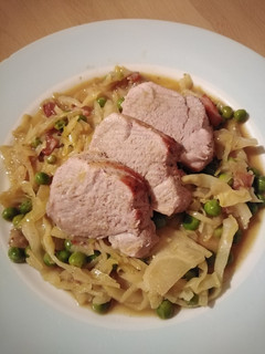 A picture of Vickys Roast Pork Fillet w Cabbage, Peas & Bacon, GF DF EF SF NF.