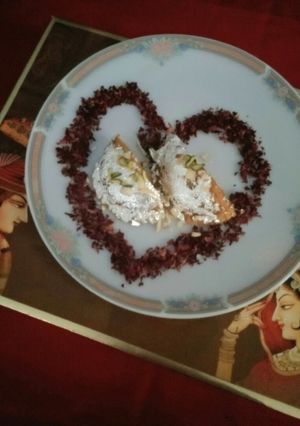 A picture of #carrot samolina sweet stuff with nuts&rose petal jam#dussehra.
