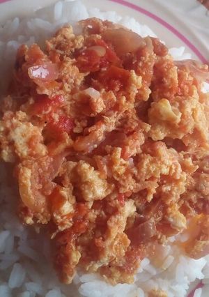 A picture of Eeg sauce and white rice.