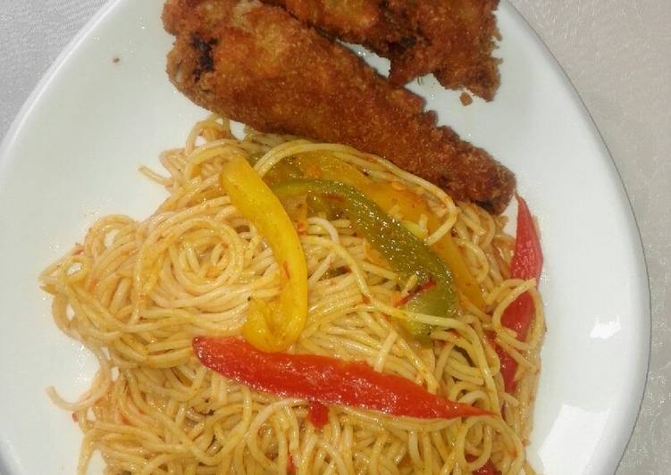 Easiest Way to Make Quick Vegetabled, Jollof spaghetti and crispy fried chicken