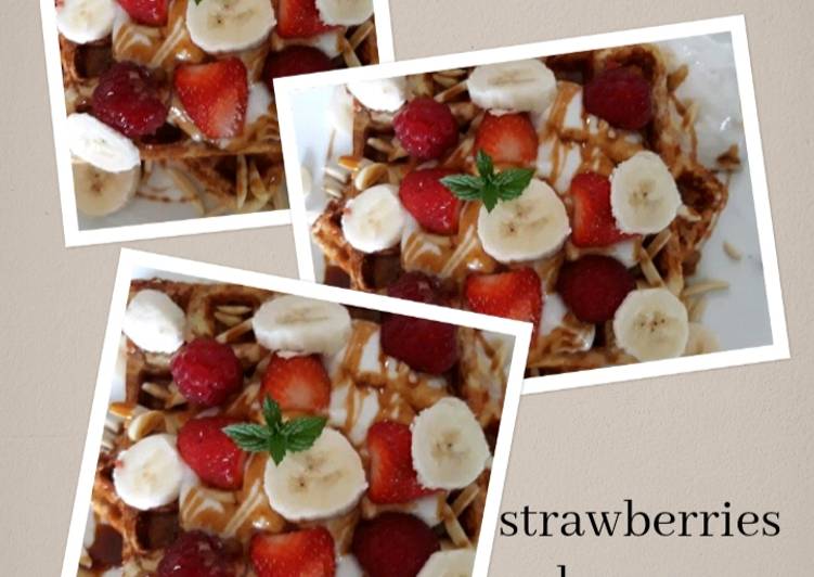 Waffles with vanilla coconut yoghurt &amp; strawberries banana maple