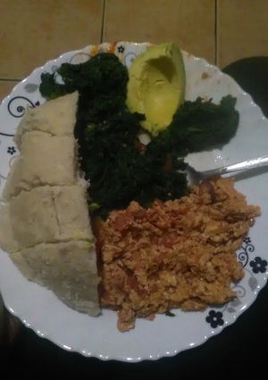 A picture of Pumpkin leaves vegetable with ugali.
