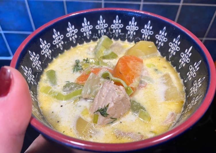 Steps to Prepare Favorite Not your regular potato and leek soup + salmon 😻