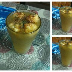 A picture of Kachcha Aam Panna with moong daal pakodi#summers.